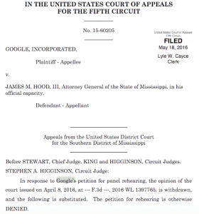 Google vs. JAMES M. HOOD, III, Attorney General of the State of Mississippi