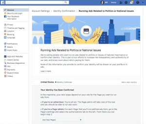 confirm identity on Facebook, Running Ads Related to Politics or National Issues