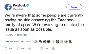 Facebook down March 13, 2019 Twitter message