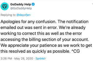 GoDaddy response to email error