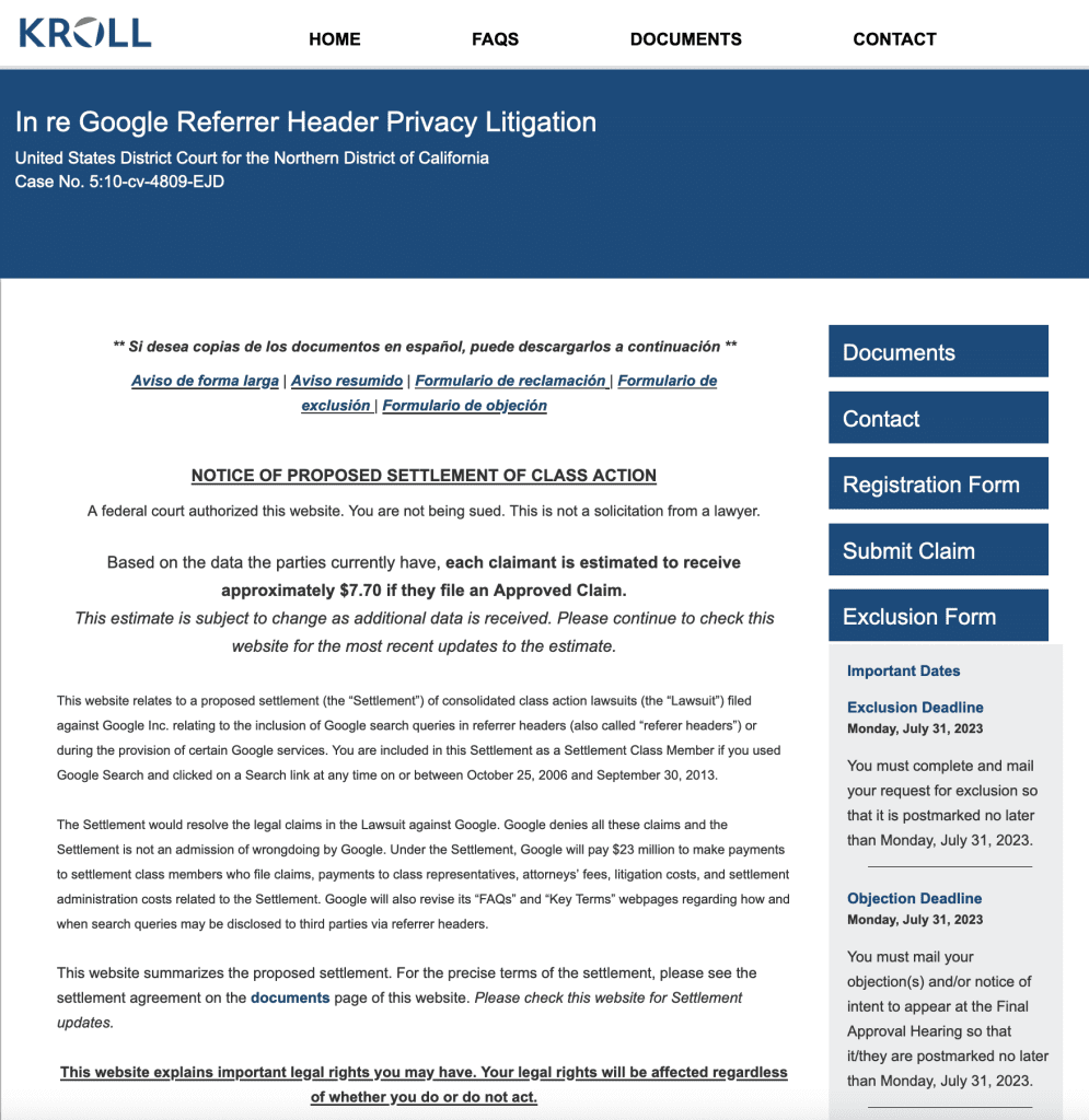 Google Referrer Header Privacy Litigation