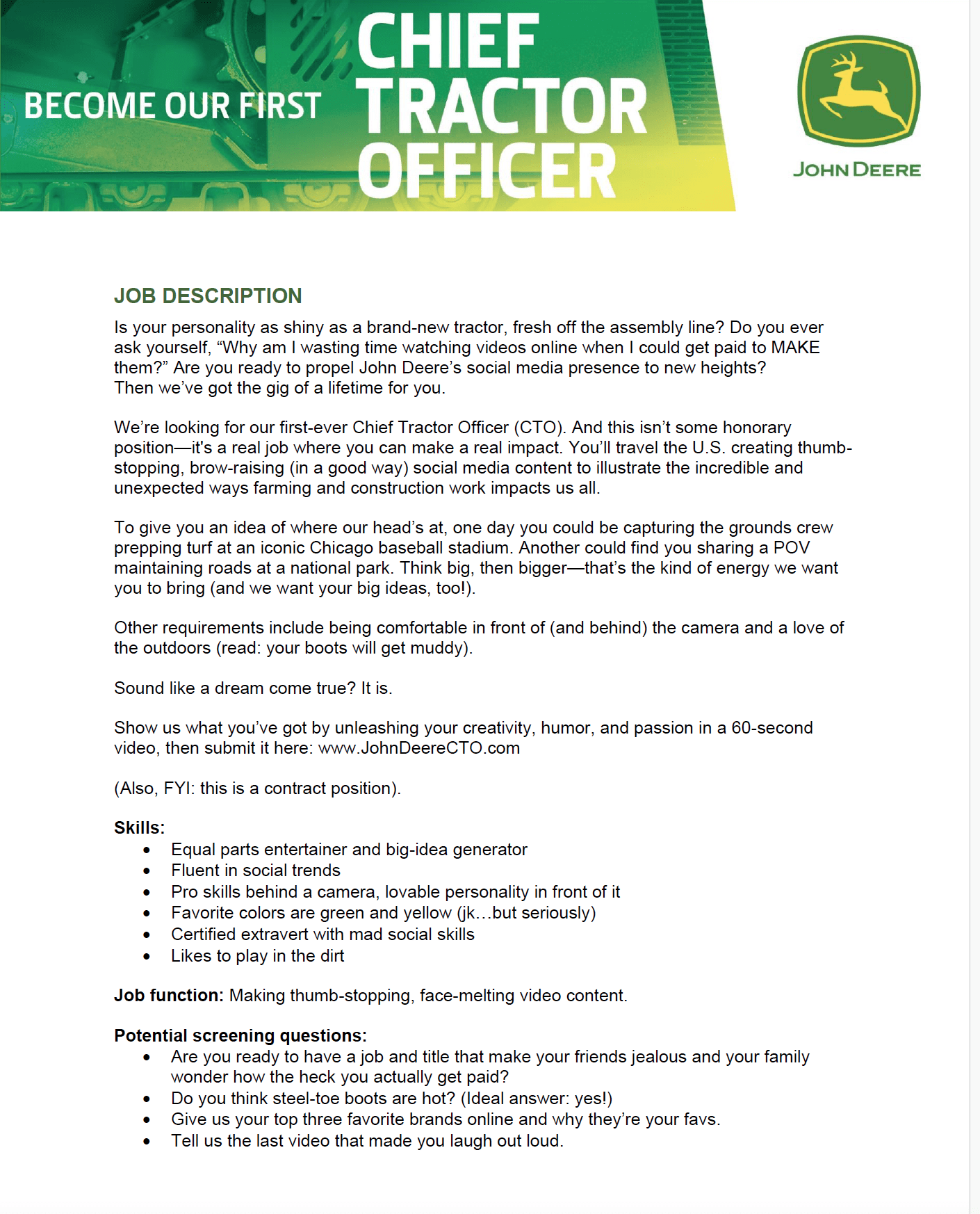 John Deere Launches Nationwide Search for First-Ever Chief Tractor Officer to be the Face and Voice of the Company's Social Media 