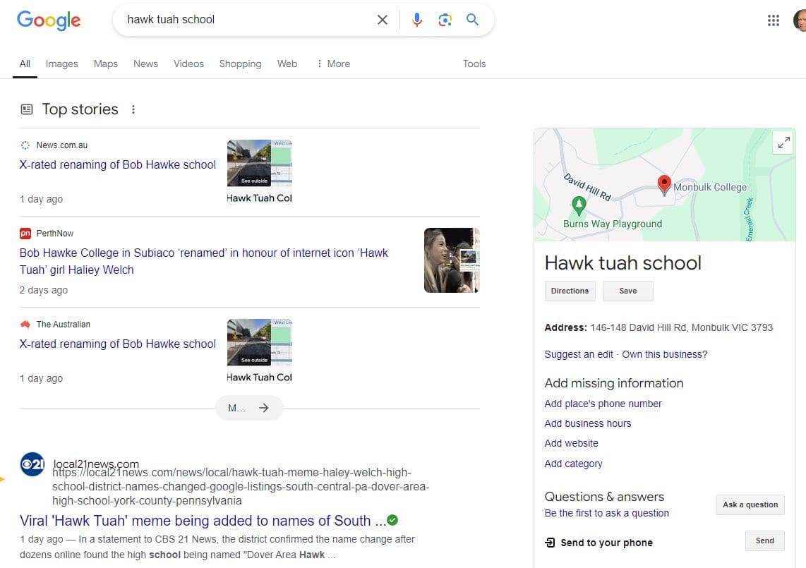 hawk tuah school australia