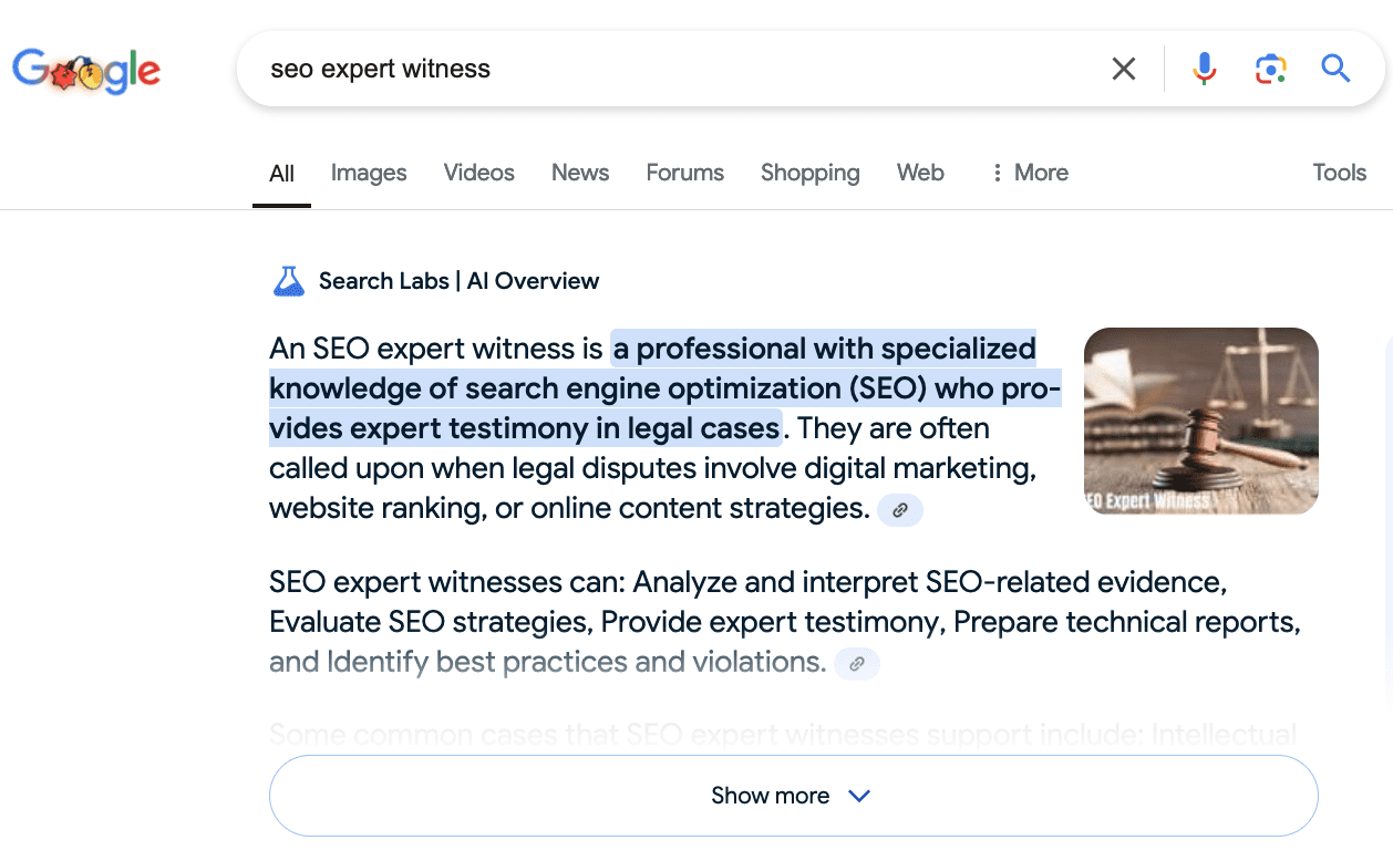 SEO expert witness example, AI overviews in Google