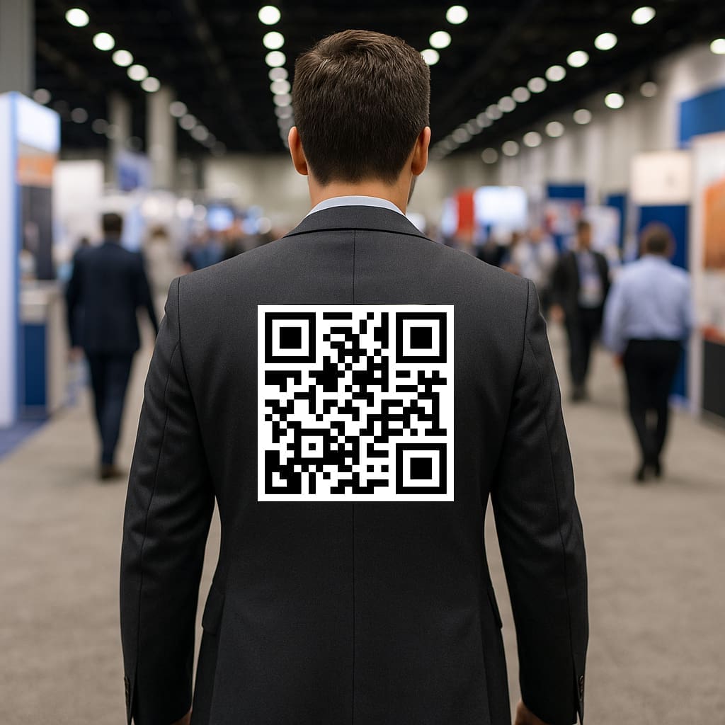man in suit walking the tradeshow floor with a QR code on his back.