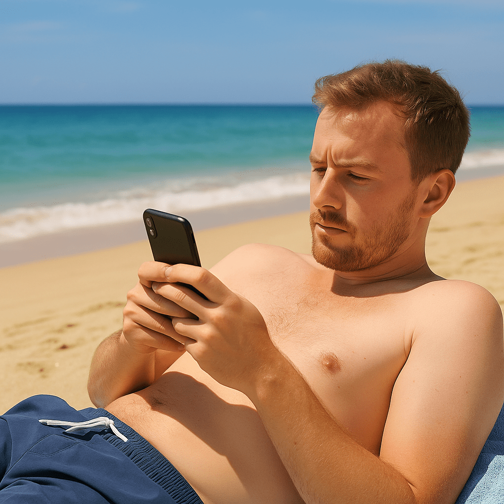 british man on beach checking his mobile phone
