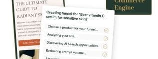FERMÀT's AI Search Commerce Engine automatically analyzes shopper queries and site inventory to build personalized product funnels in real-time, shown here creating a custom vitamin C serum recommendation flow for clean beauty brand June After. The platform evaluates competition levels, search volume, and product fit to optimize conversion paths for AI-driven traffic from ChatGPT, Claude, Gemini and other answer engines.