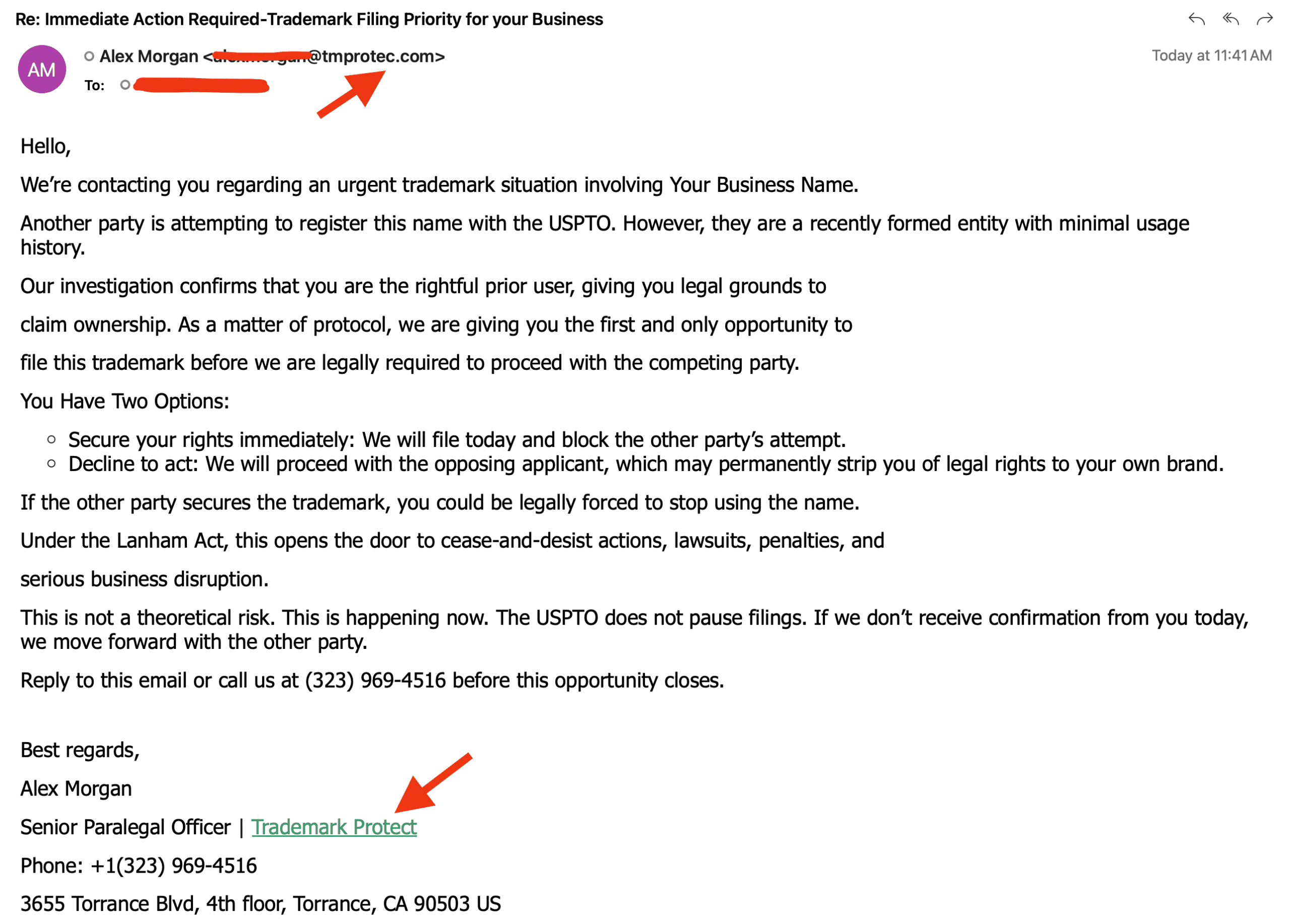 Trademark Protect scam email
